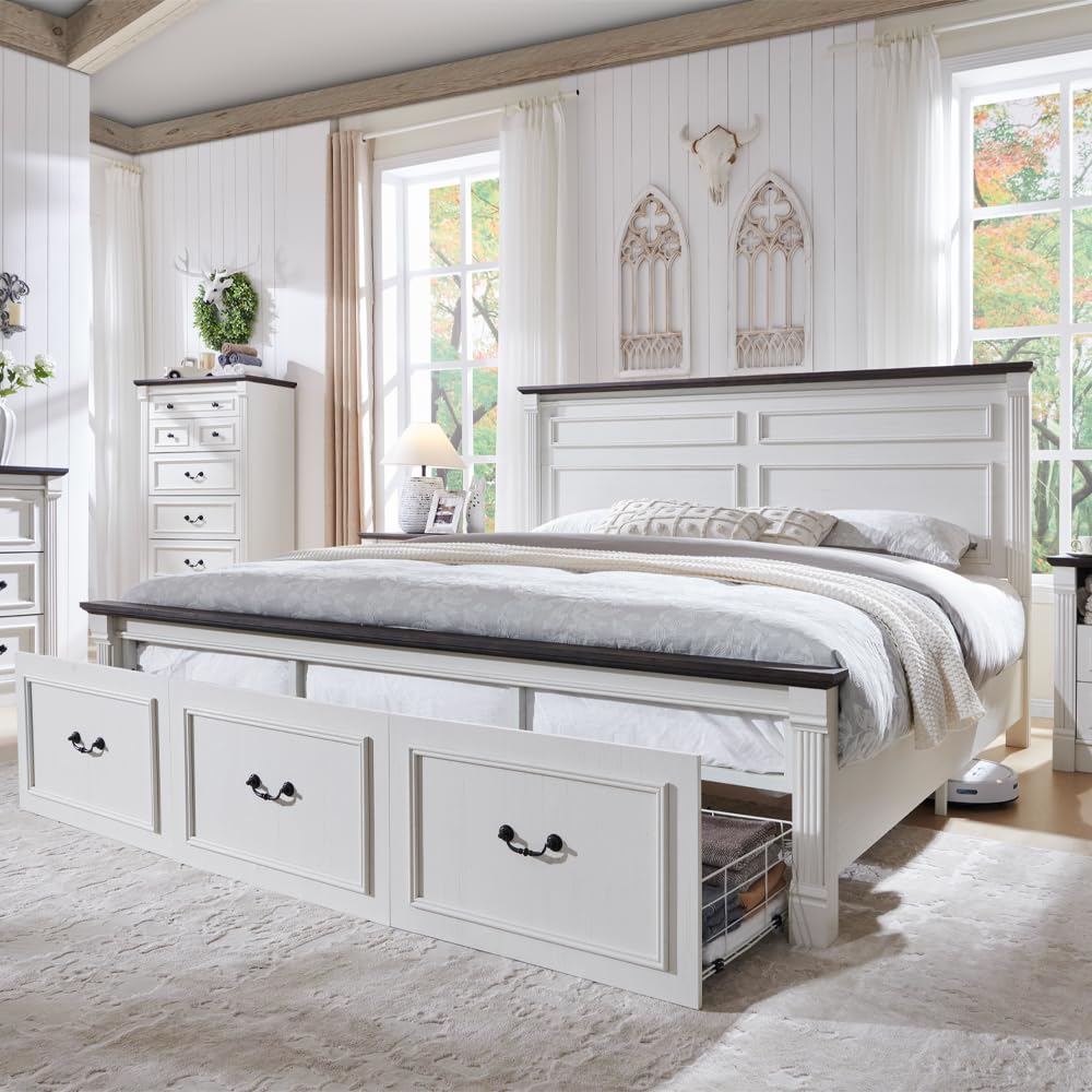 King Size Bed Frame With Storage Drawers - Letto matrimoniale stile rustico con testiera