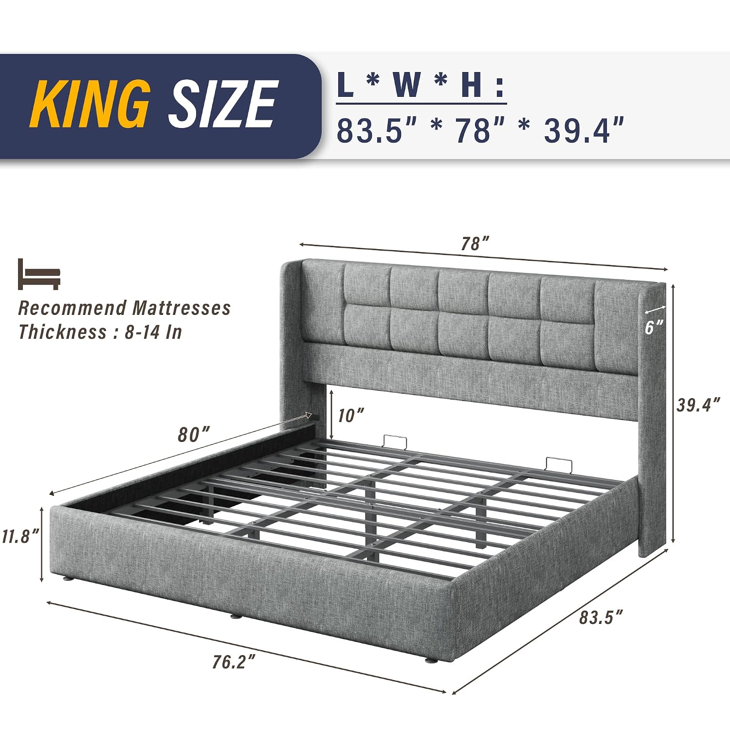 Gas Lift Storage Bed Hydraulic - Letto matrimoniale imbottito con meccanismo idraulico