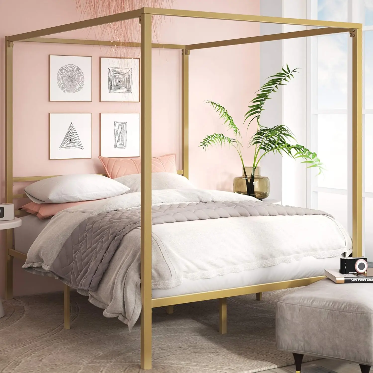 Canopy Bed Frame Metal Queen - Struttura Letto a Piattaforma con Baldacchino