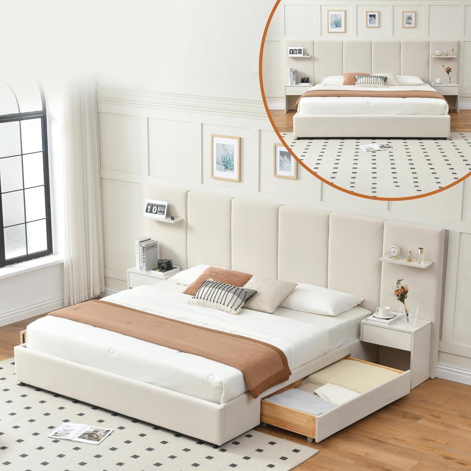 King Size Bed Frame With Storage Drawers - Letto King Size con Contenitore, Comodini