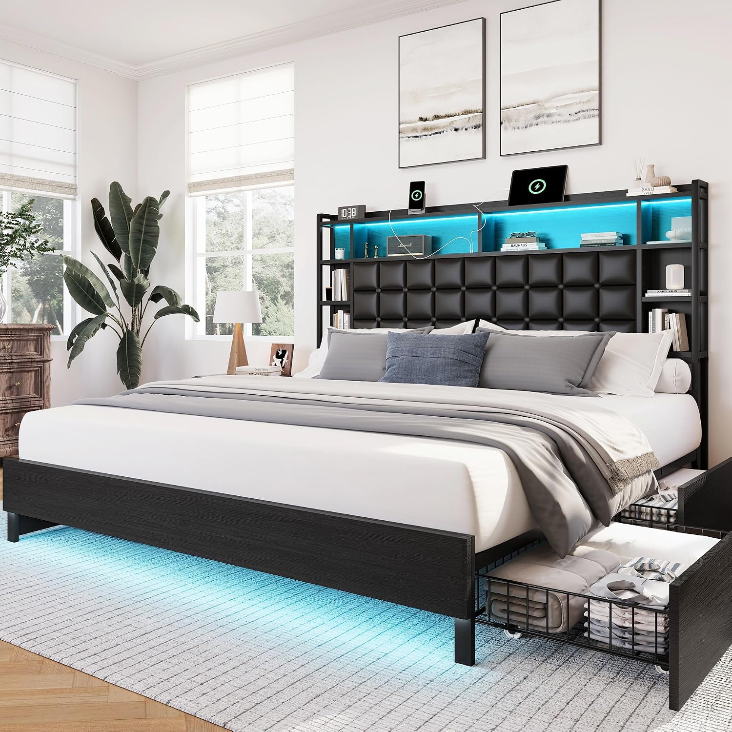 King Size Bed Frame With Storage Drawers - Letto matrimoniale in legno con cassetti