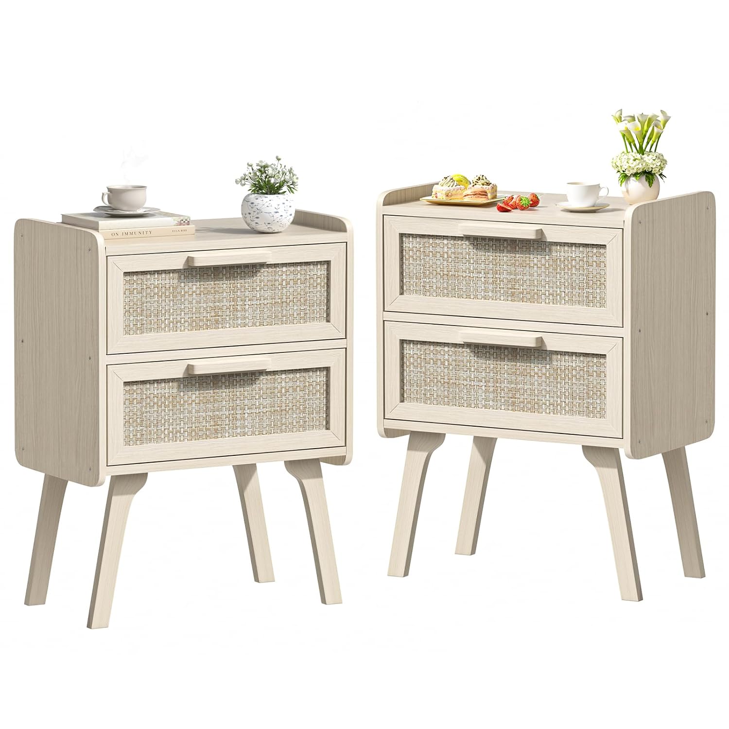 Solid Wood Nightstand 2 Drawers - Set di 2 Comodini in Rattan,