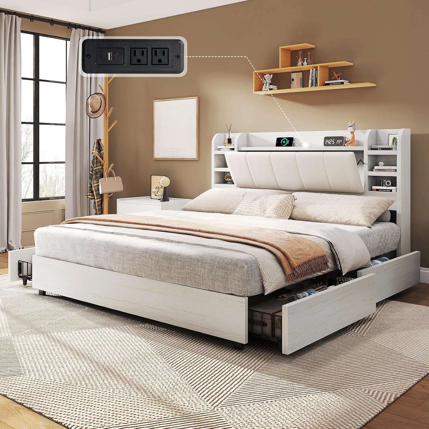 King Size Bed Frame With Storage Drawers - Letto matrimoniale imbottito con testiera a