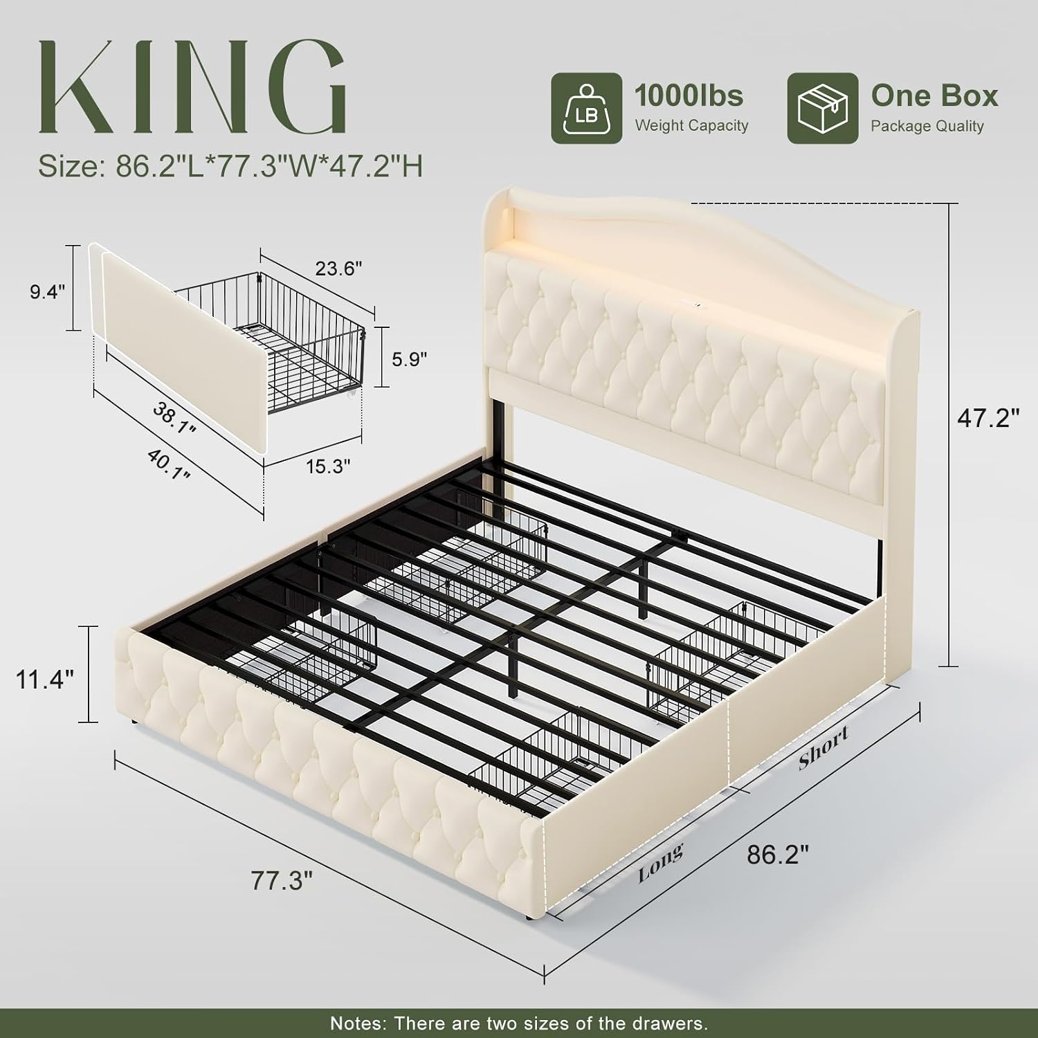 King Size Bed Frame With Storage Drawers - Letto a piattaforma King Size con
