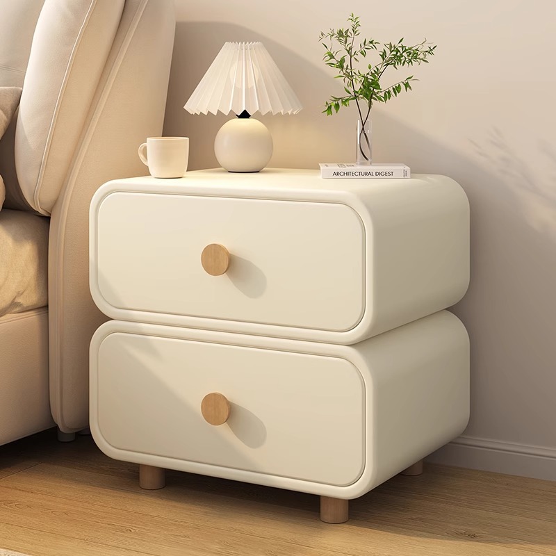 Solid Wood Nightstand 2 Drawers - Comodino Minimalista Color Crema con Bordi