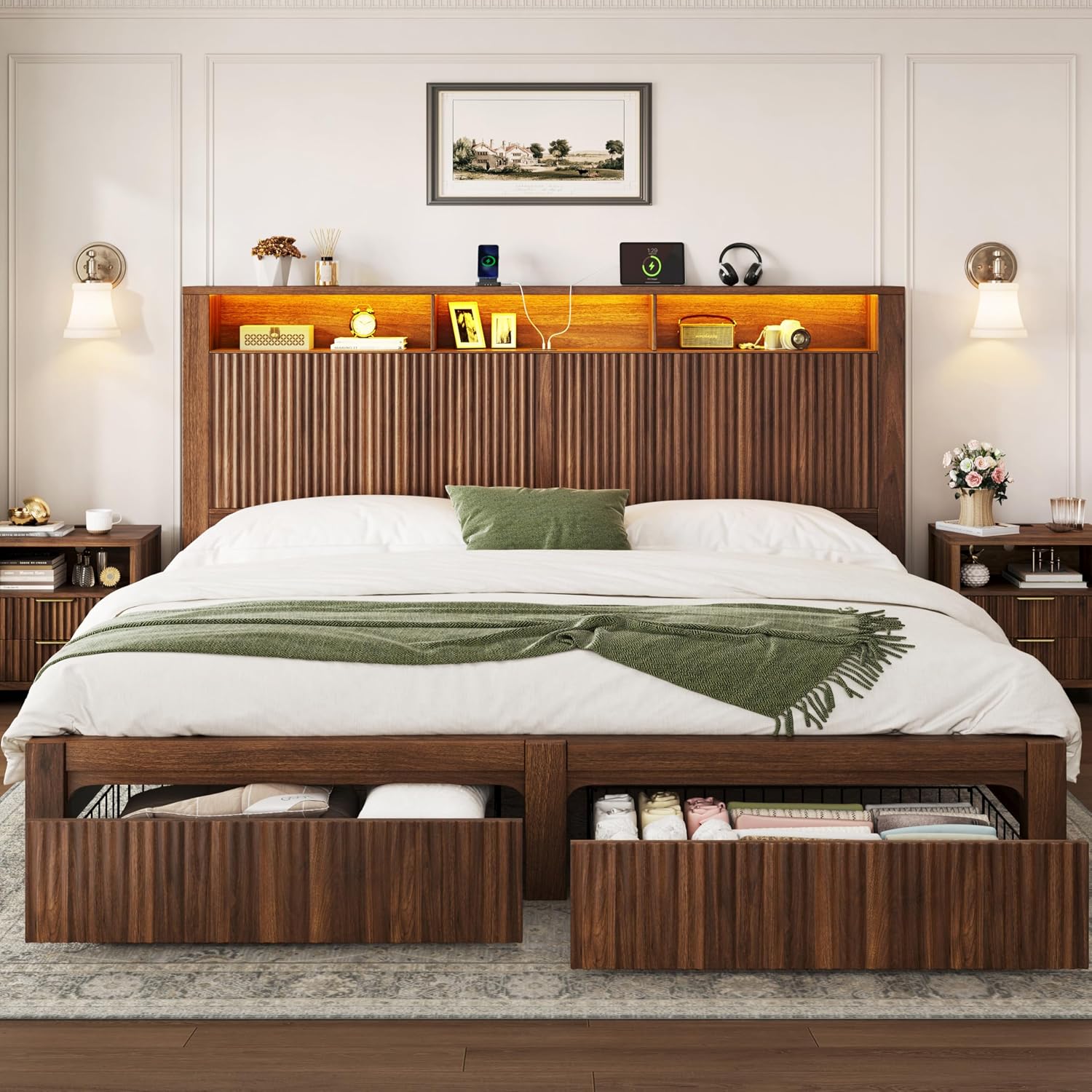 King Size Bed Frame With Storage Drawers - Struttura Letto Matrimoniale con Testiera e