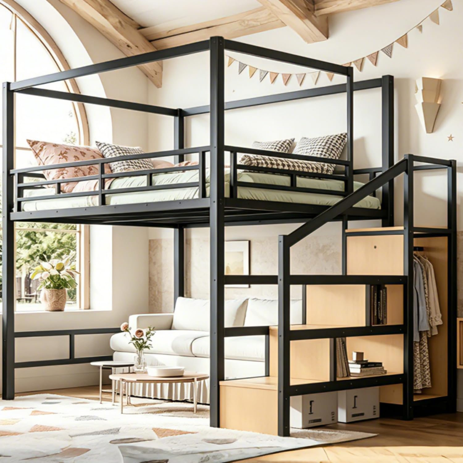 Canopy Bed Frame Metal Queen - Letto a soppalco Queen con scale