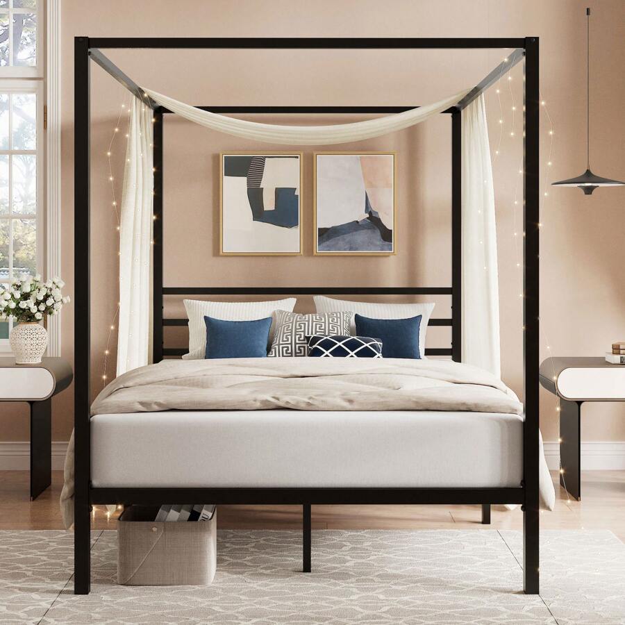 Canopy Bed Frame Metal Queen - Struttura letto a baldacchino nera, misura