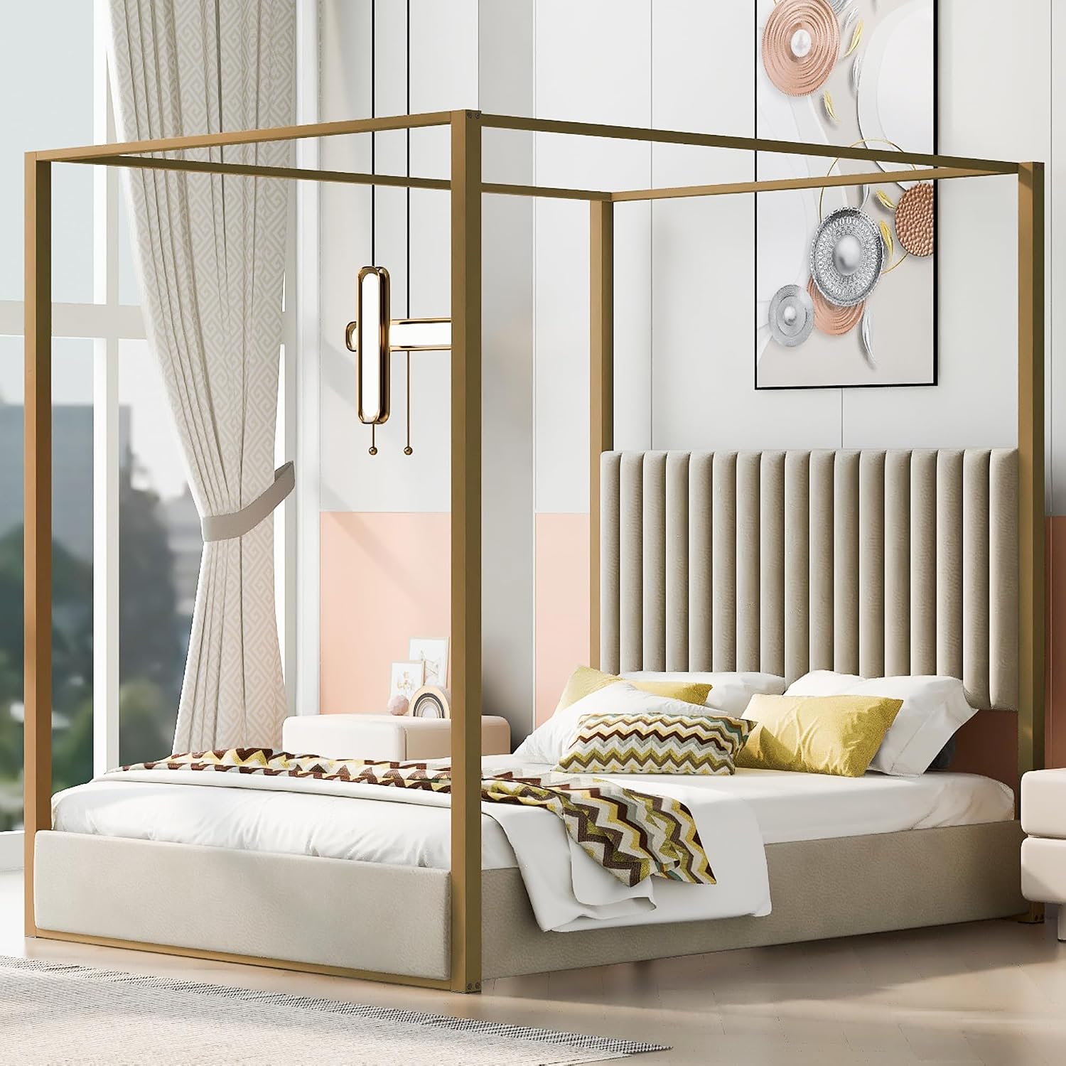 Canopy Bed Frame Metal Queen - Letto a baldacchino moderno con testiera