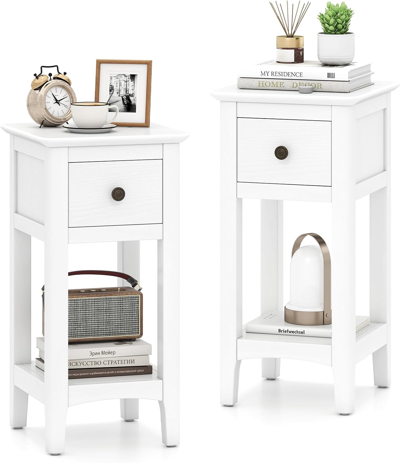 Solid Wood Nightstand 2 Drawers - Set di 2 Tavolini Stretti con