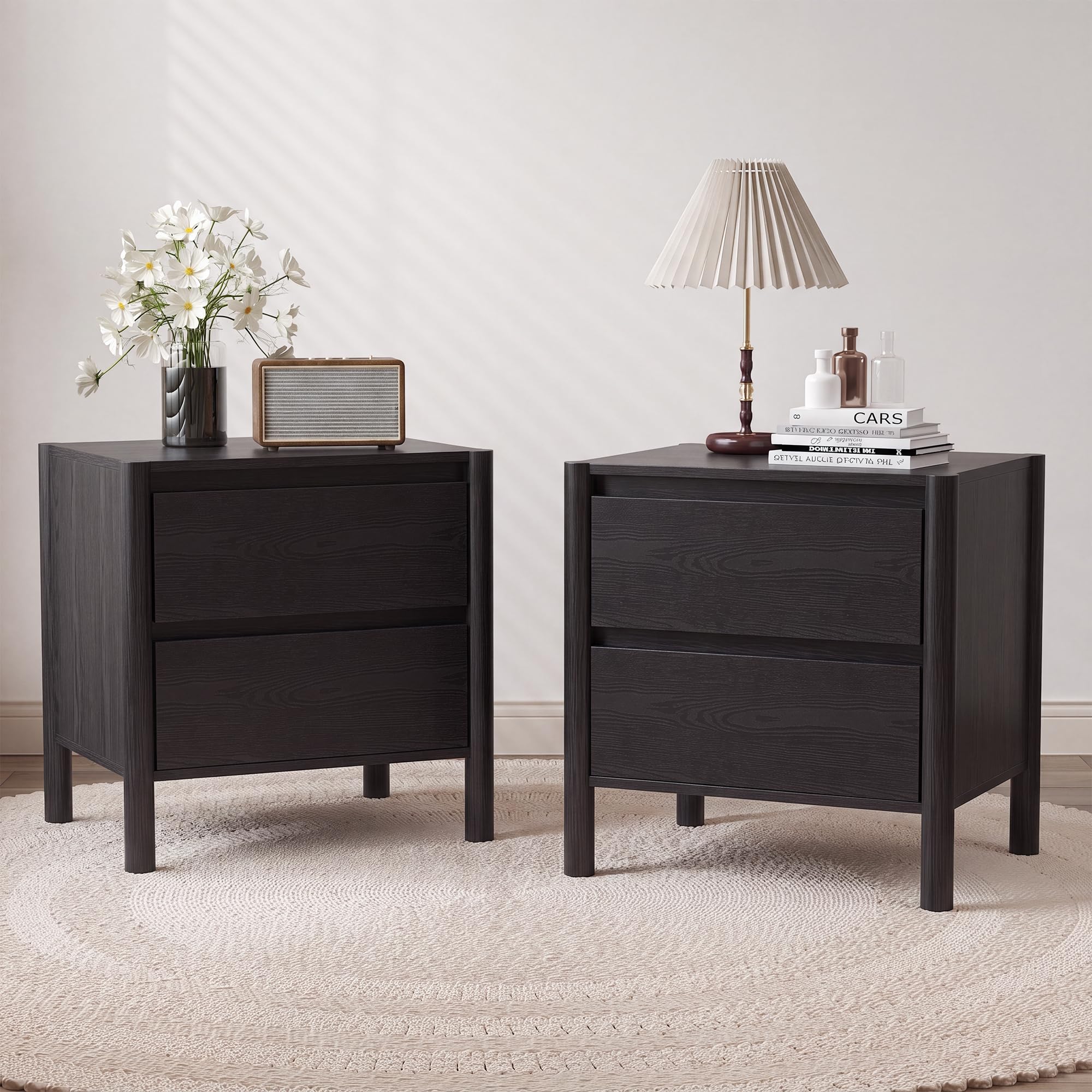 Solid Wood Nightstand 2 Drawers - Set di 2 Comodini Neri in