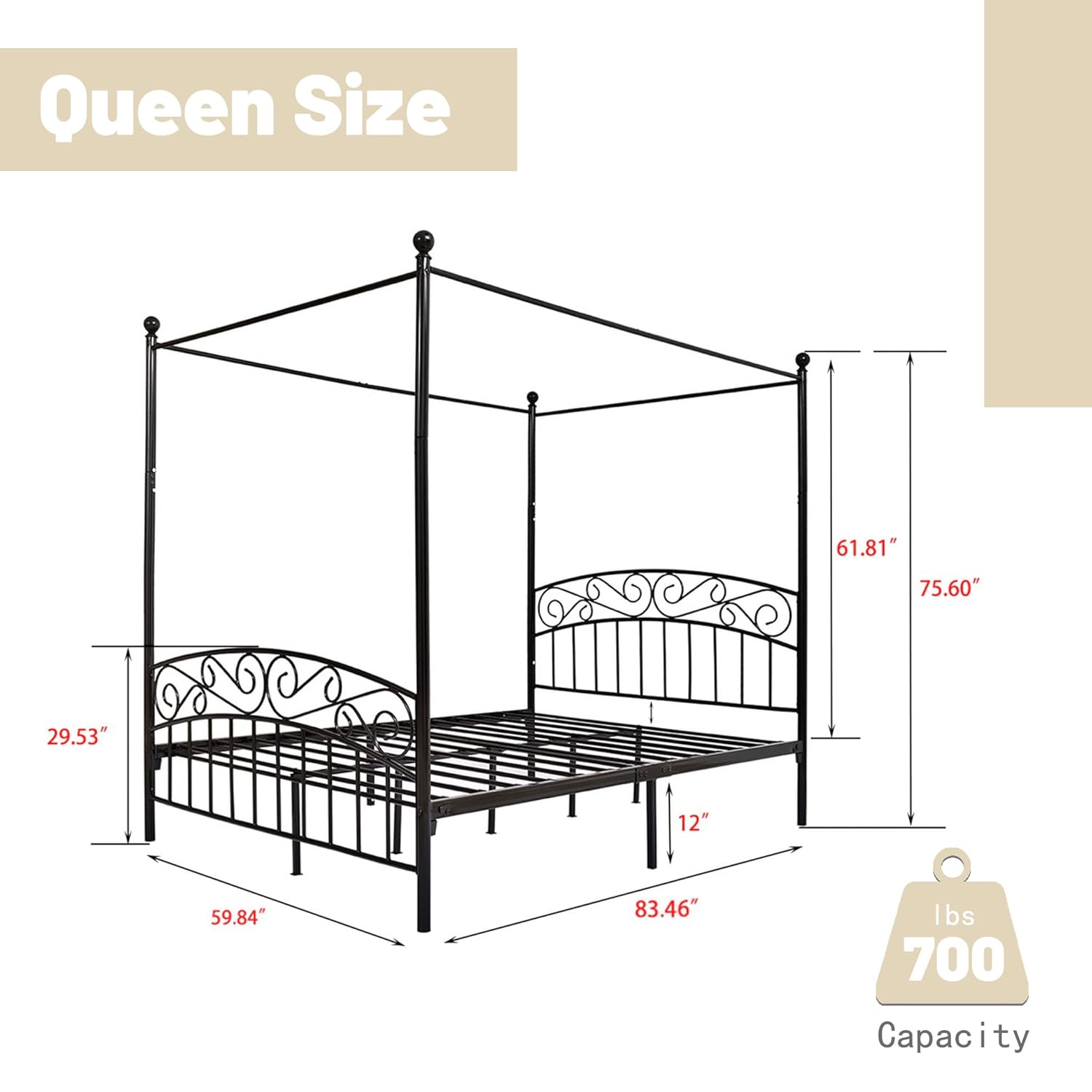 Letto a baldacchino in metallo - Canopy Bed Frame Metal Queen recensione e prezzo