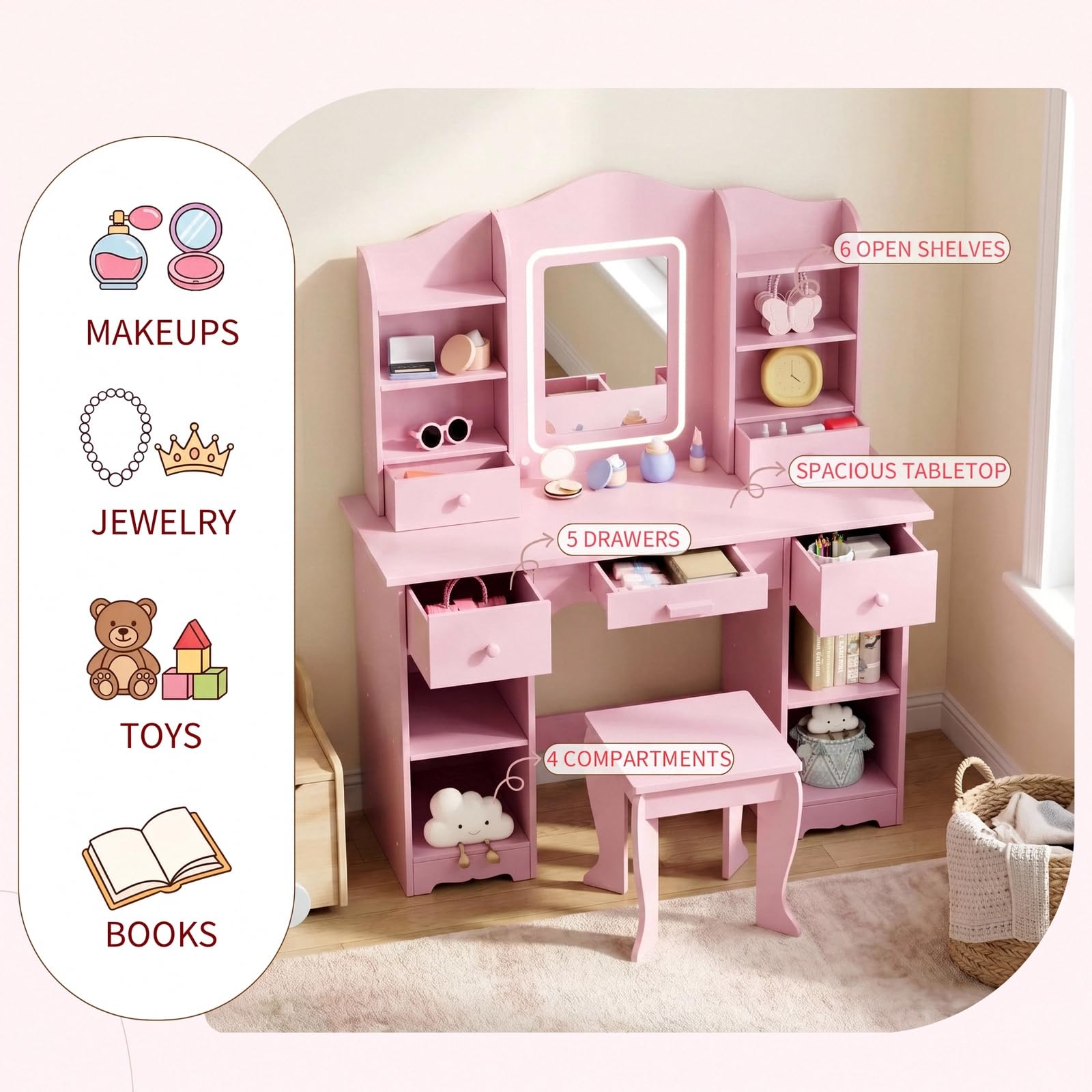 Toeletta per Bambini con Luci  - Dressing Table Vanity With Lighted Mirror recensione e prezzo